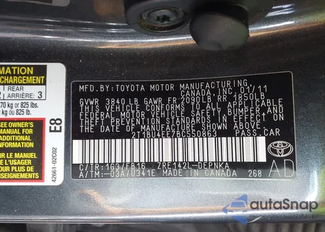 2011 Toyota Corolla Le из США, поврежденный, VIN 2T1BU4EE7BC550863